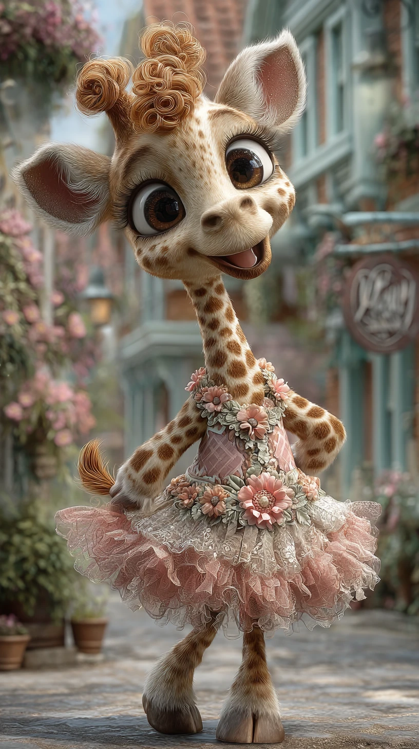 Playful giraffe girl in a spring dress walking through village