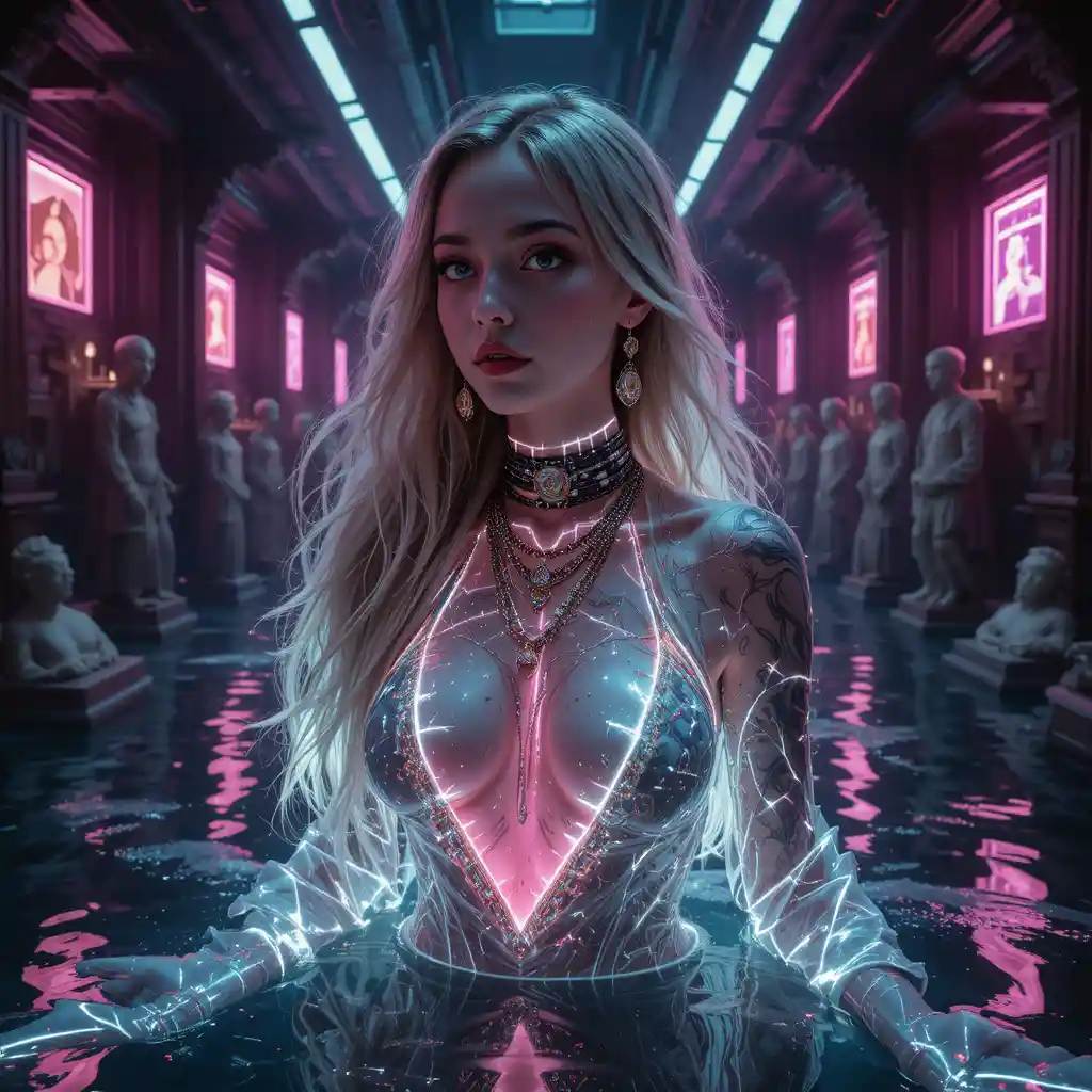 Neonbeleuchtetes digitales Heiligenporträt mit Glitch-Tattoos und Ketten