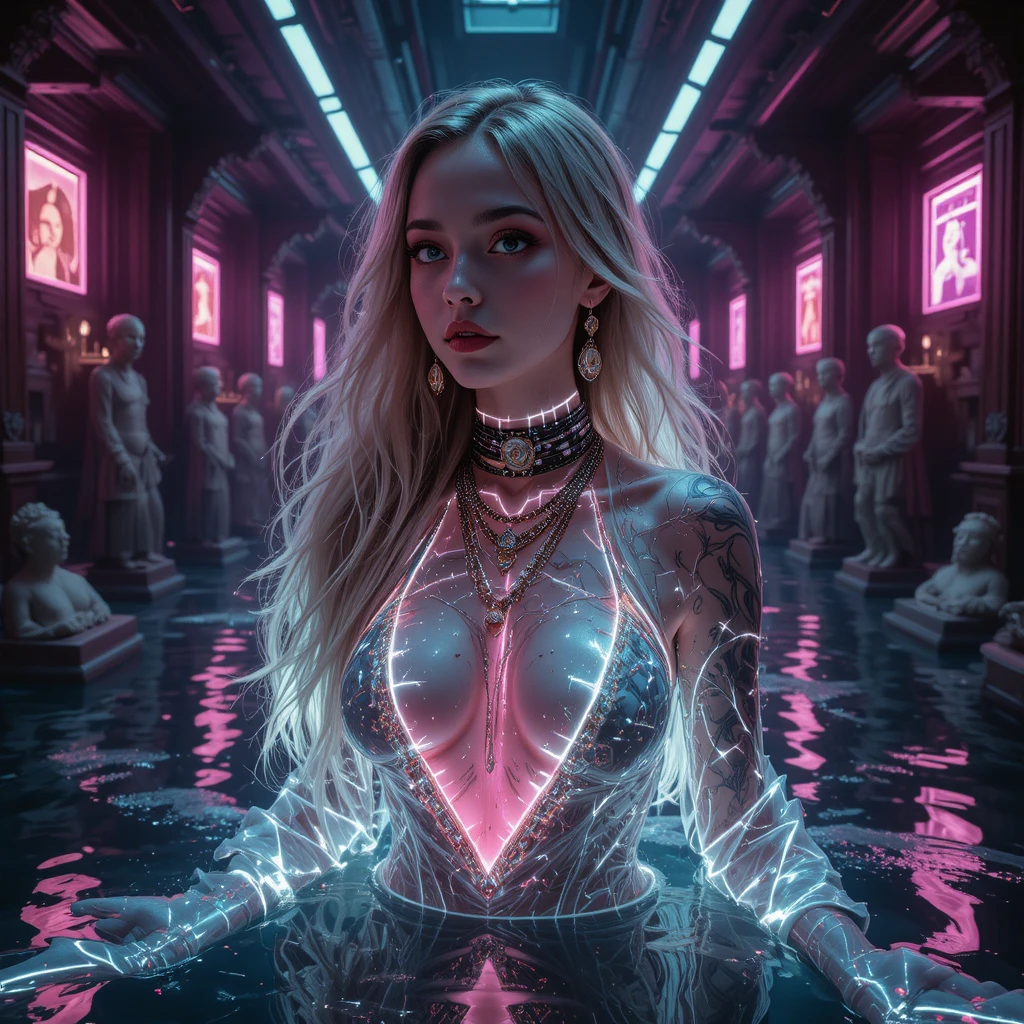 Neonbeleuchtetes digitales Heiligenporträt mit Glitch-Tattoos und Ketten
