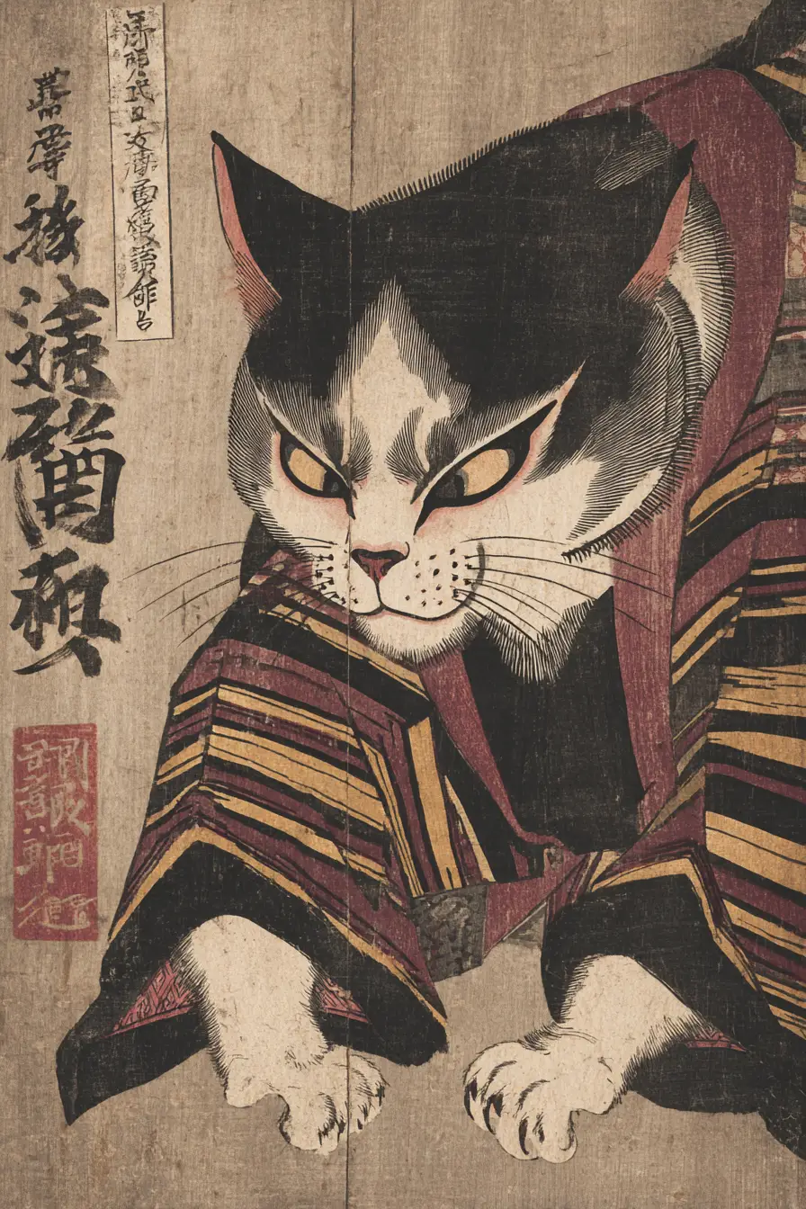 Gatto Siamese Drammatico in Ritratto Kabuki in Stile Ukiyo-e