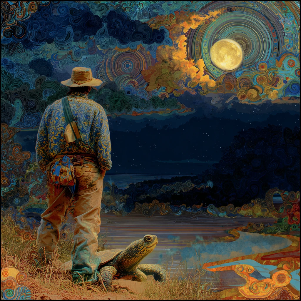 Moonlit fantasy station beneath a distant crescent moon