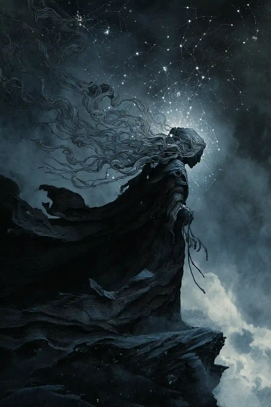 Ancient shadow witch on a stormy cliff under starry skin