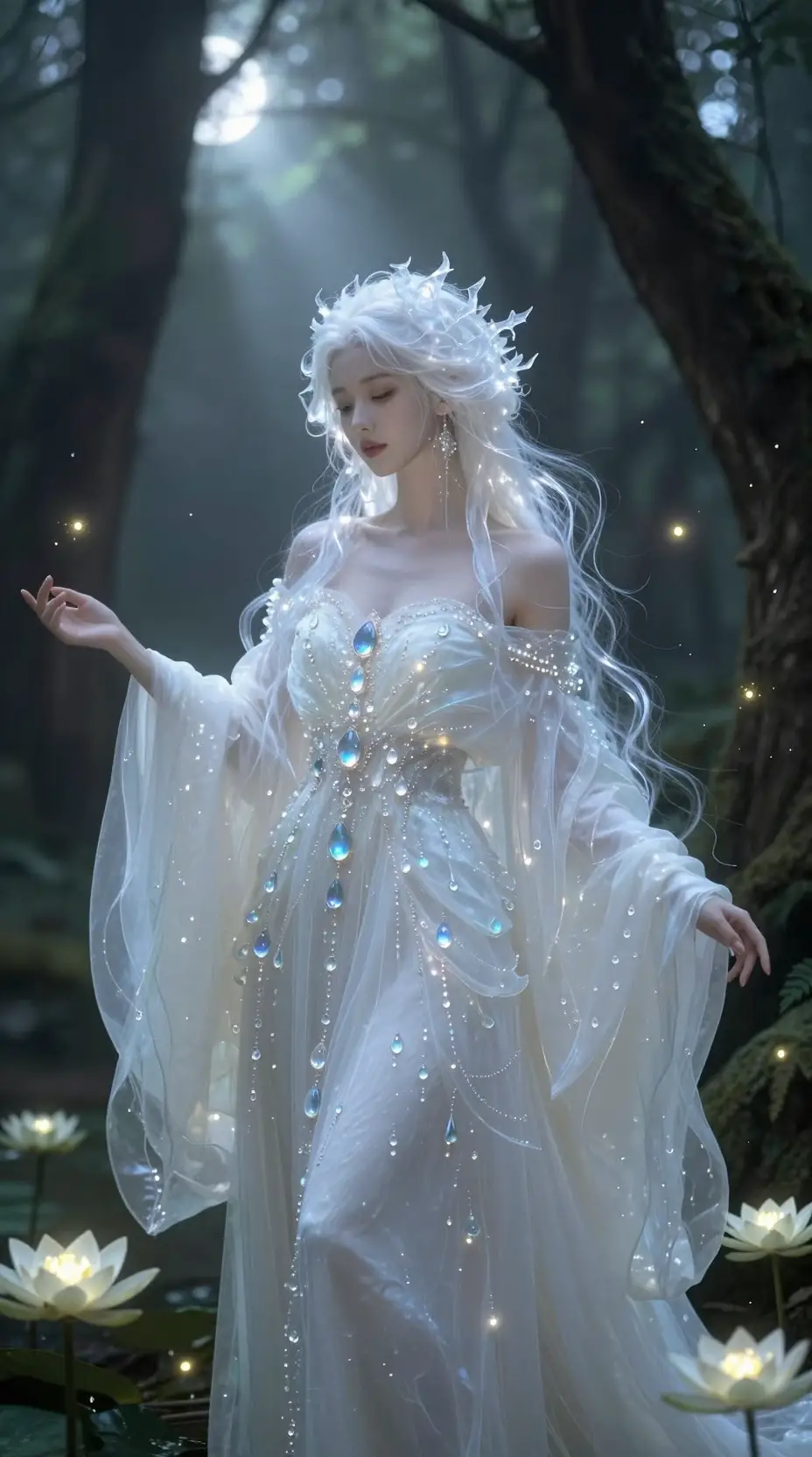 月光照耀下魔幻森林中的空靈女神