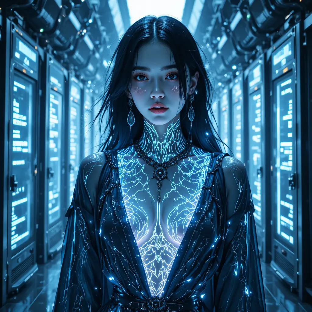 Cyberpunk woman in a sacred underground data temple