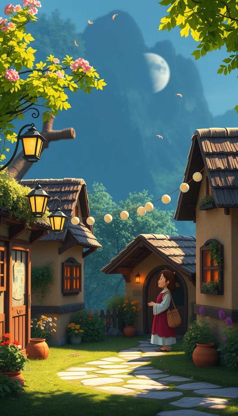 Gemütliches Neon-Fantasiedorf im verspielten 3D-Stil