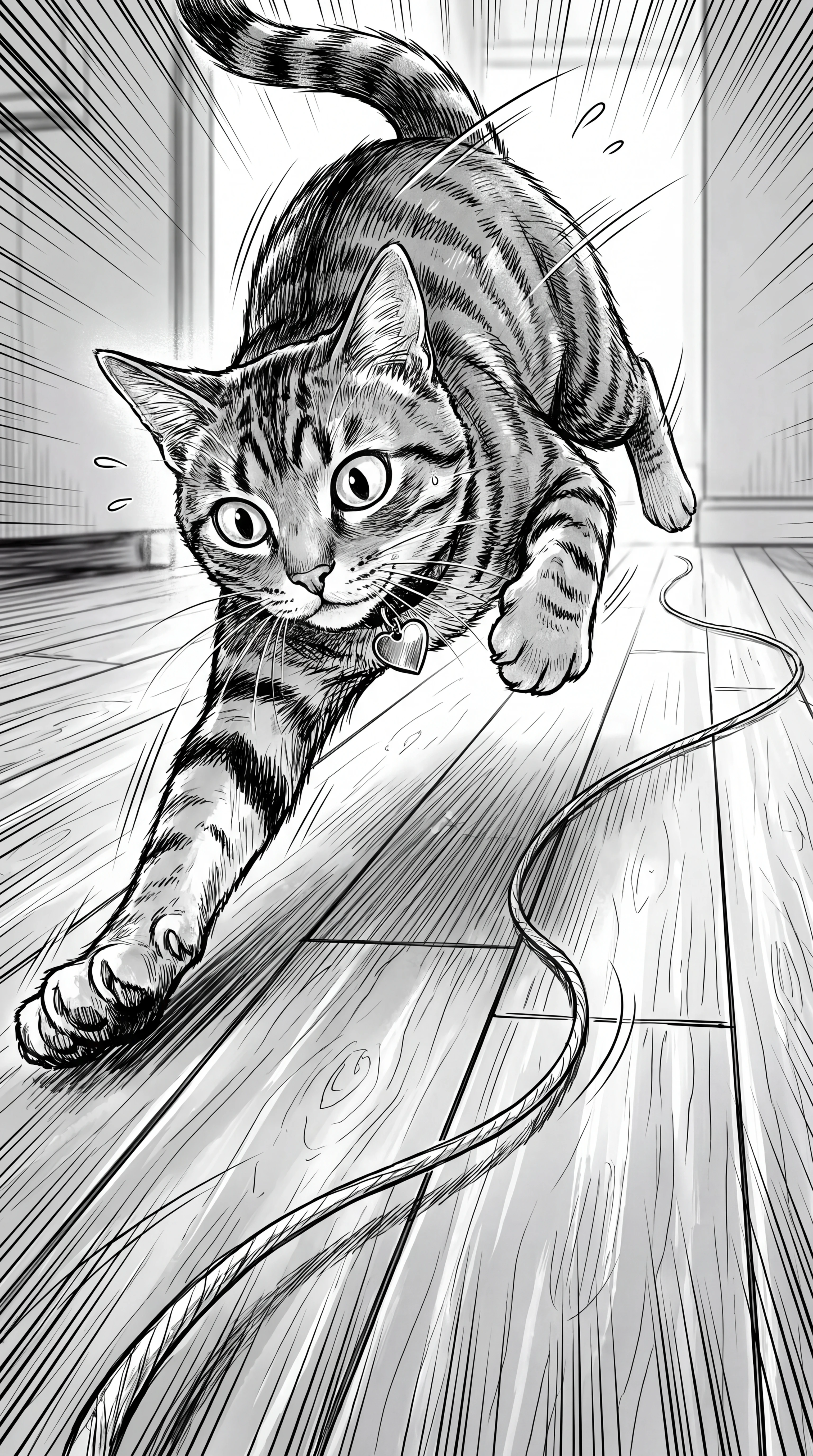 Gato malhado brincalhão saltando atrás de um novelo de lã no piso de madeira