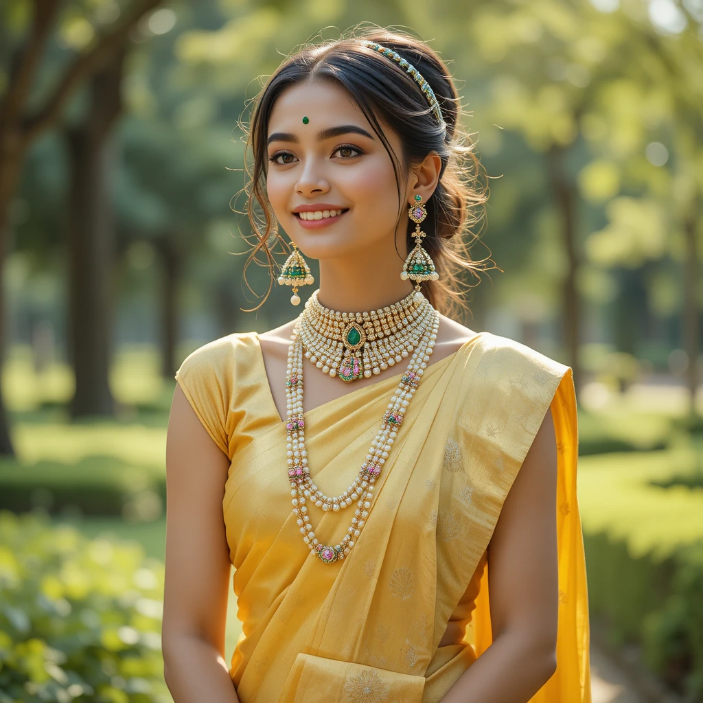 Mulher alegre de sari amarelo de seda em um parque verde