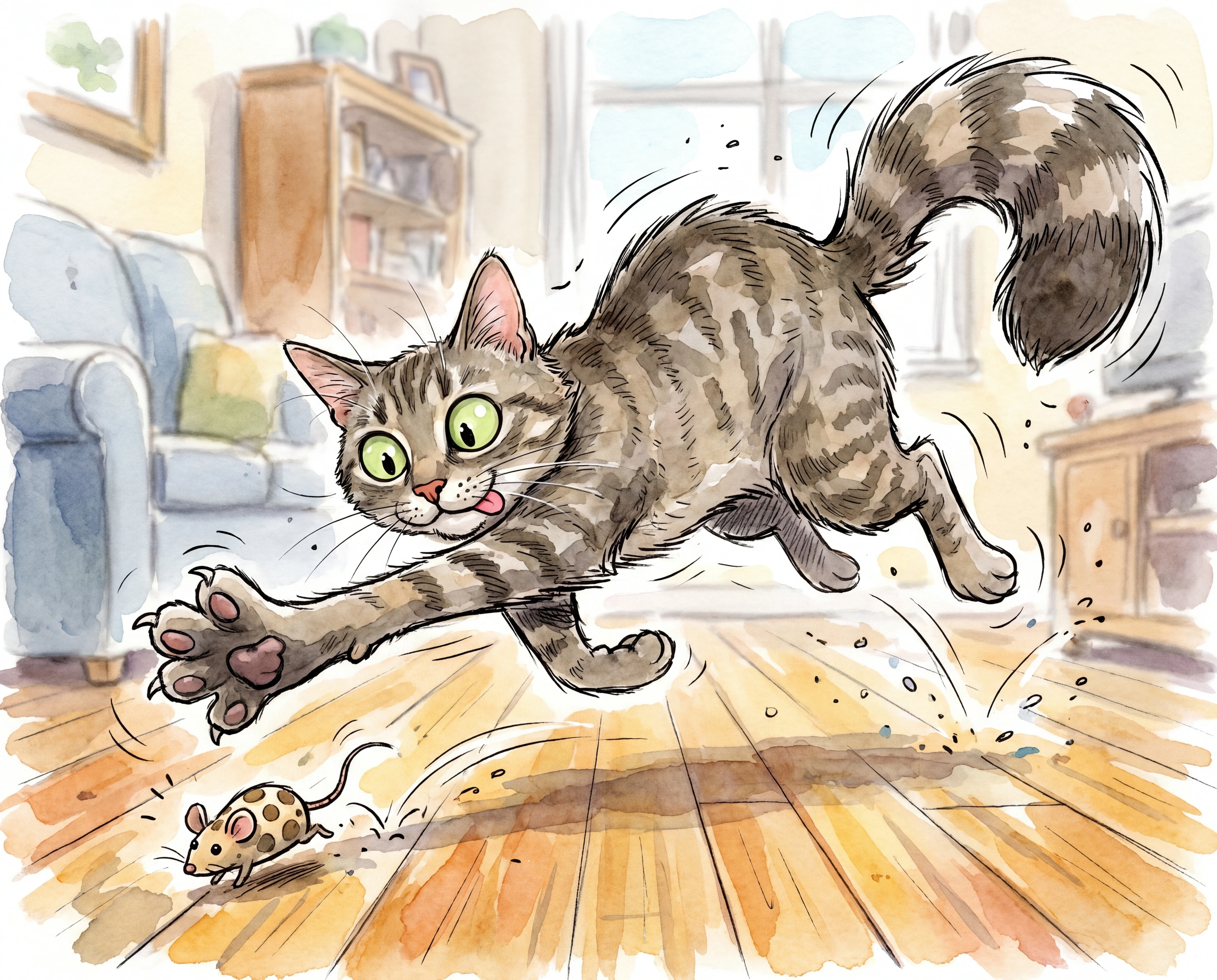 Gato malhado brincalhão saltando em direção a um brinquedo que quica dentro de casa