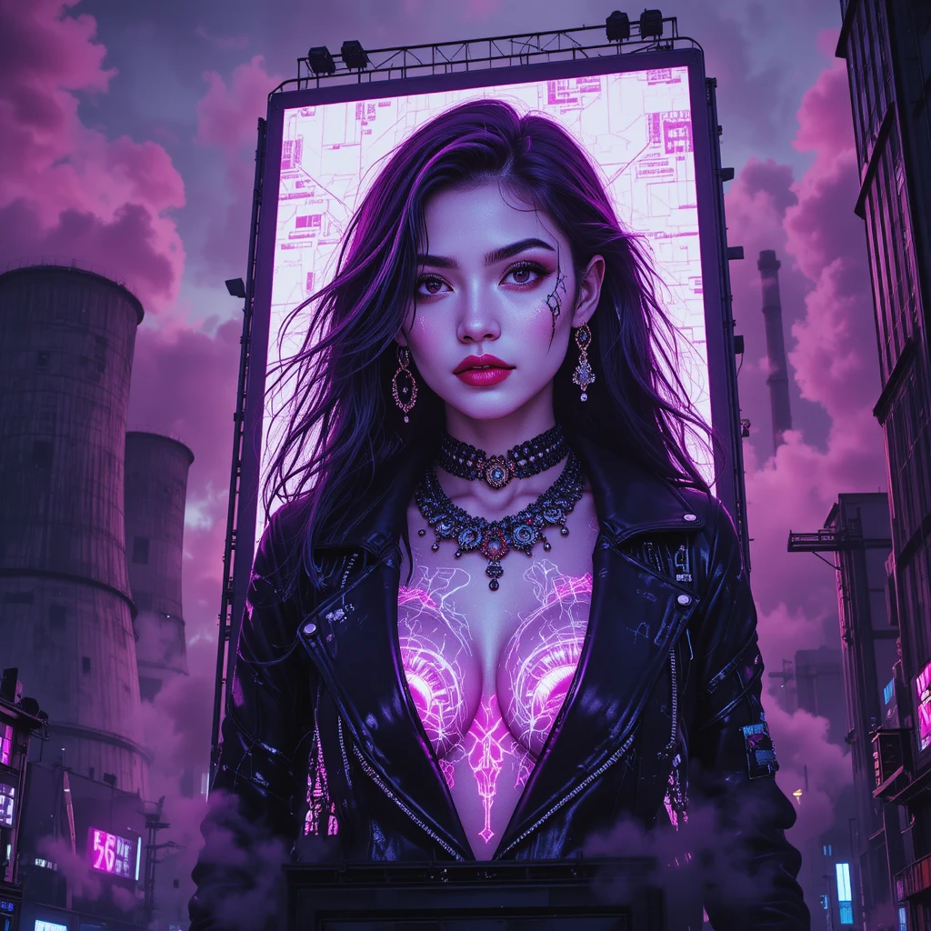 Femme fatale cyberpunk su un imponente cartellone al neon in città