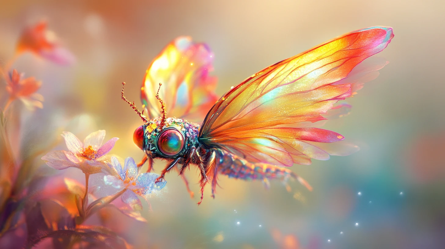 Portrait féerique d’une fée aux ailes iridescentes façon opale