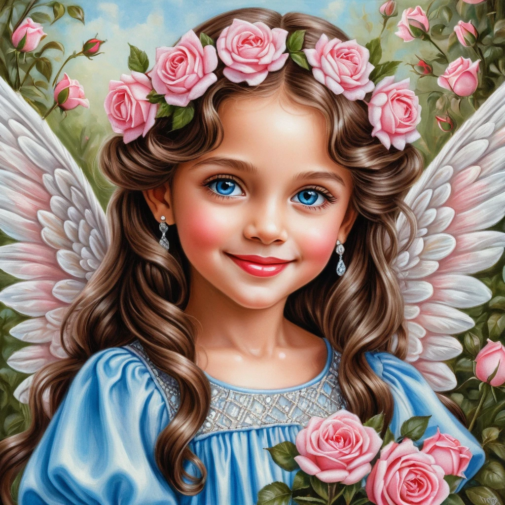 Dolce angelo di primavera sorridente con bouquet di rose rosa