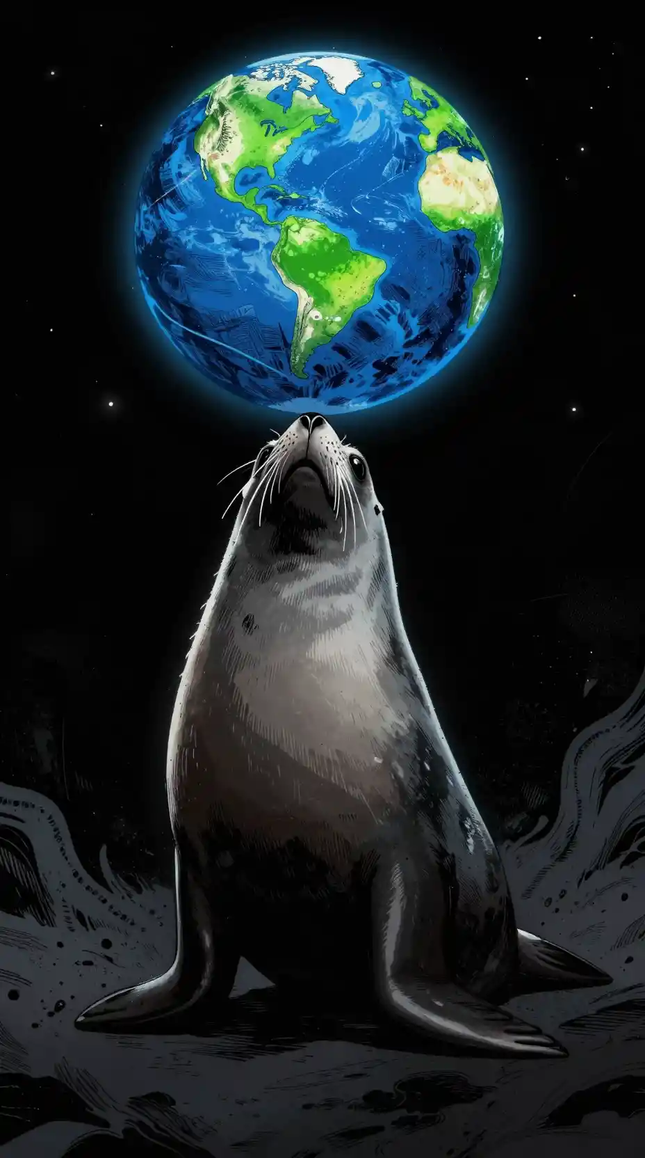 黑暗宇宙中平衡地球的海豹漫畫插畫