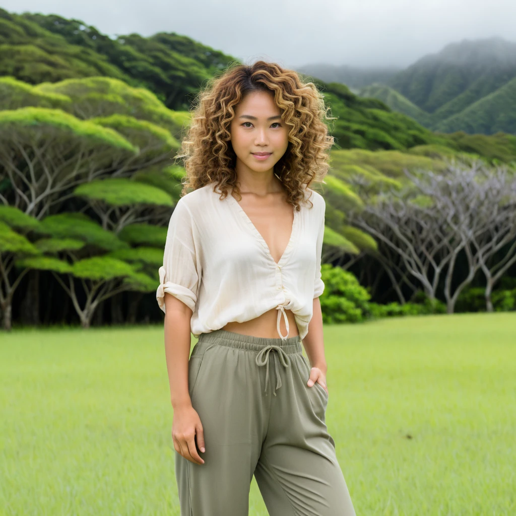 Femme d’Okinawa debout dans un champ par temps nuageux