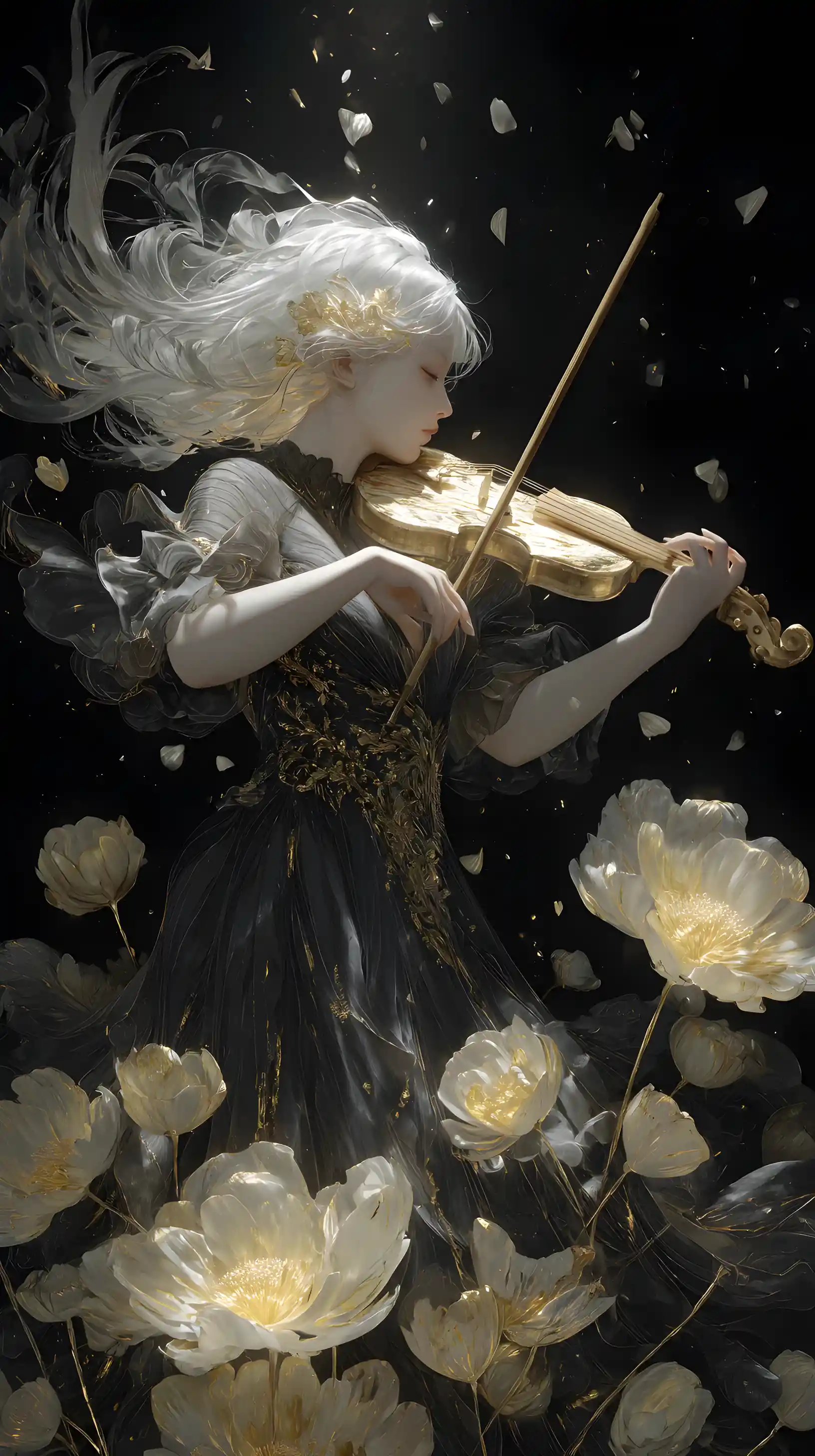 Ethereal golden haired girl playing violin in darkness