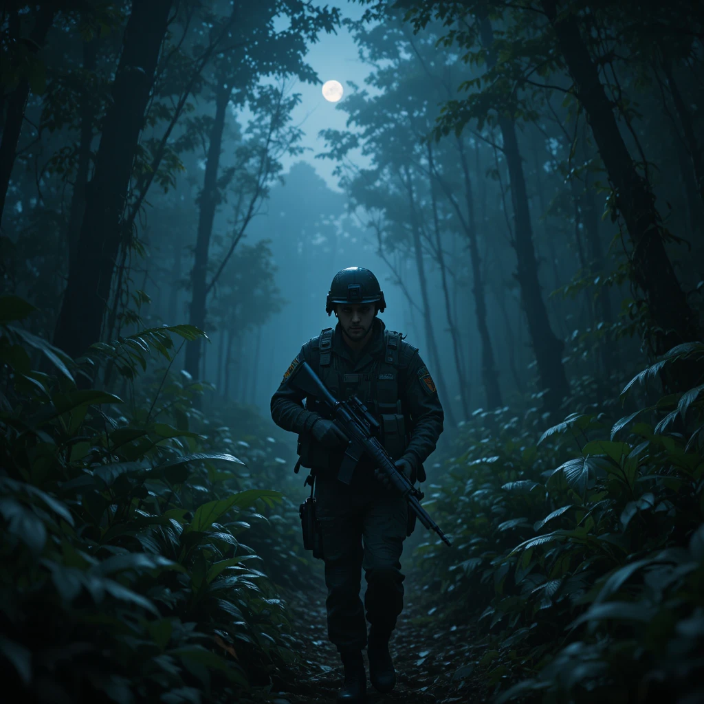 Soldado entrando em uma selva escura à noite sob o luar