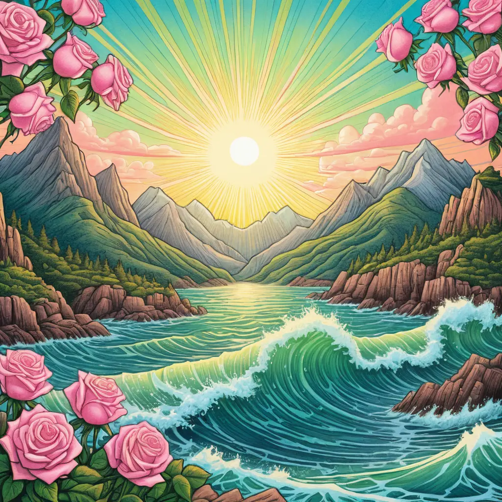 Olas del océano y rayos de sol enmarcados por rosas rosas y montañas
