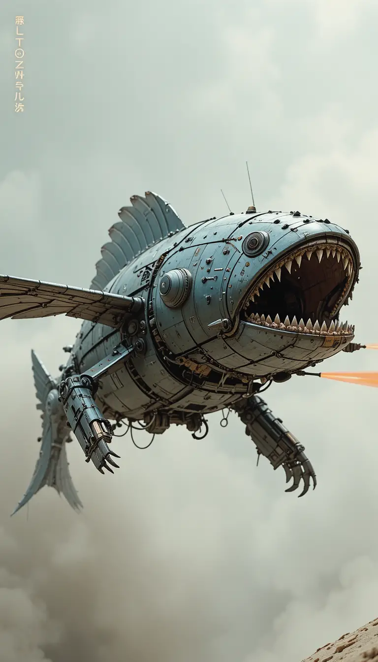 Mechanical drone shaped like an old school robotic piranha
