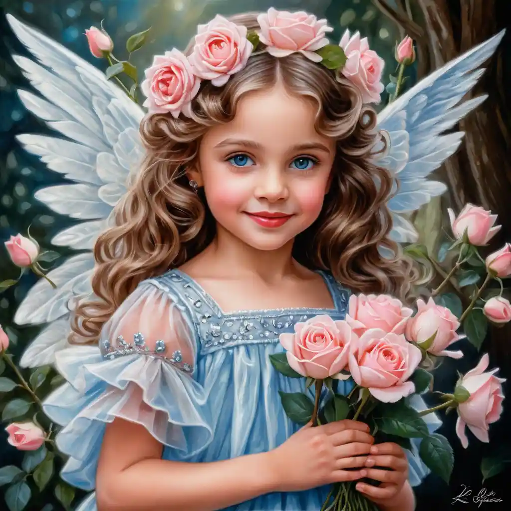 Smiling spring angel girl holding pink rose bouquet