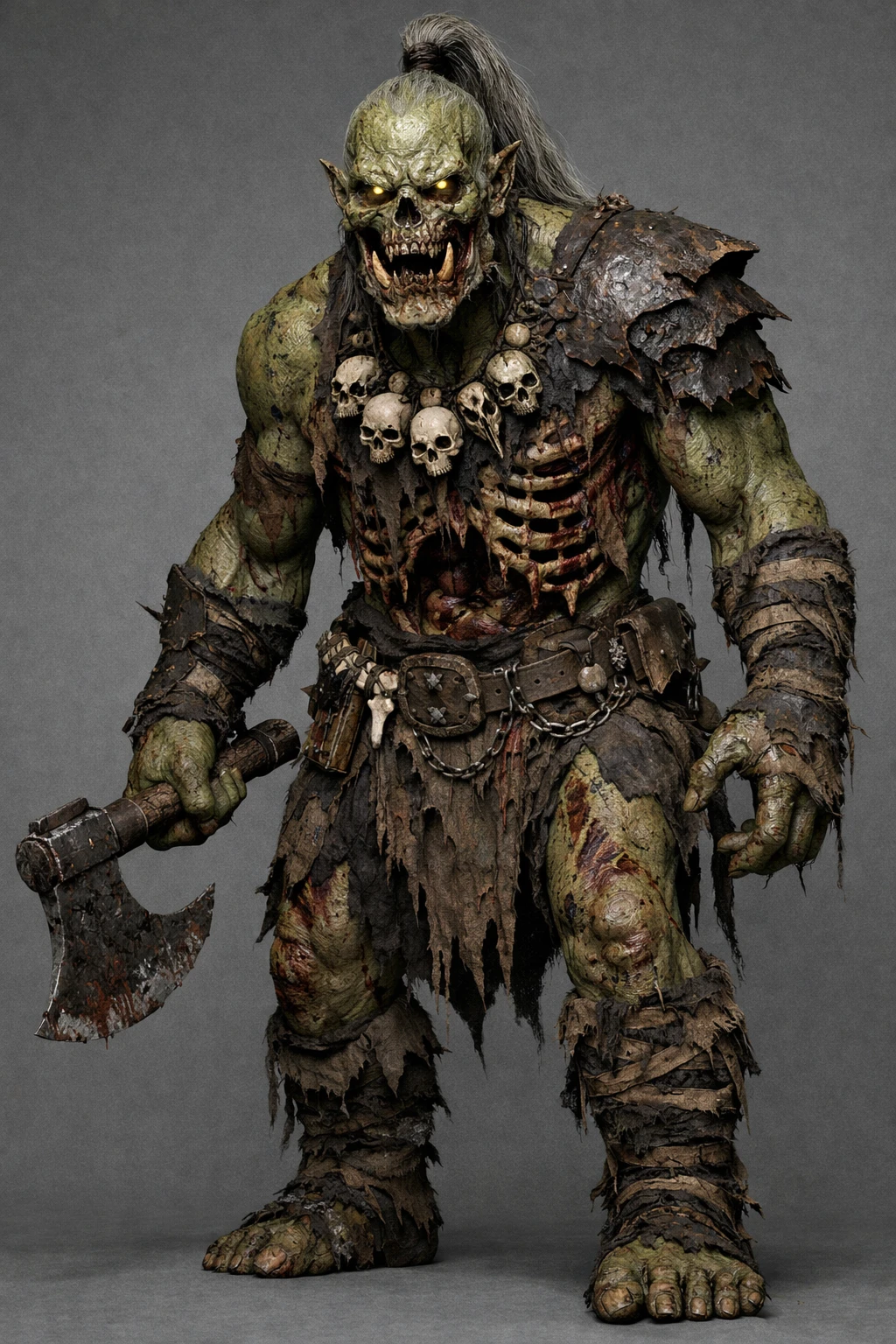 Guerreiro orc zumbi gigante com machado em fundo cinza