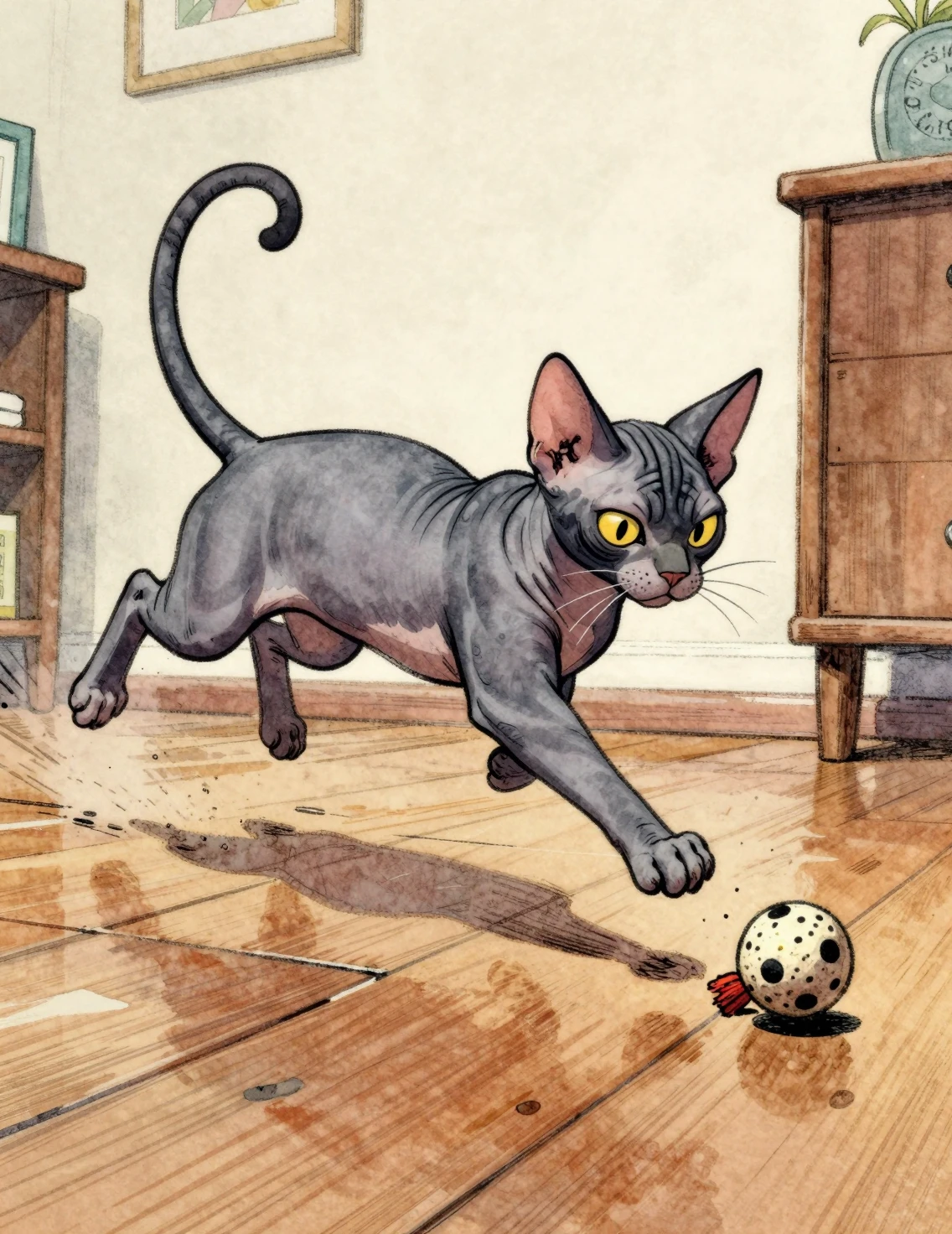 Verspielte Sphynxkatze springt einem Spielzeug im Aquarell hinterher