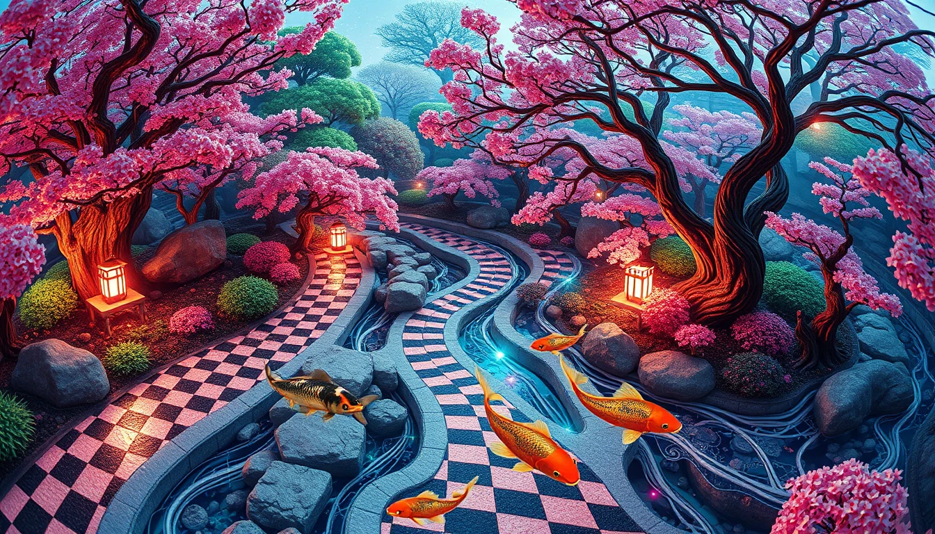 Cybernetic zen garden with checkerboard paths and fractal shores