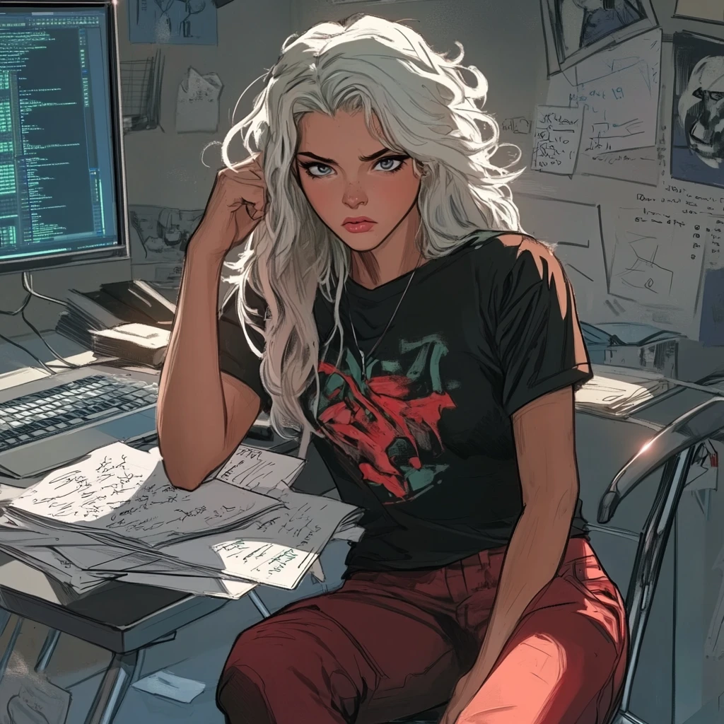 Donna bionda pensierosa che scrive in uno studio disordinato