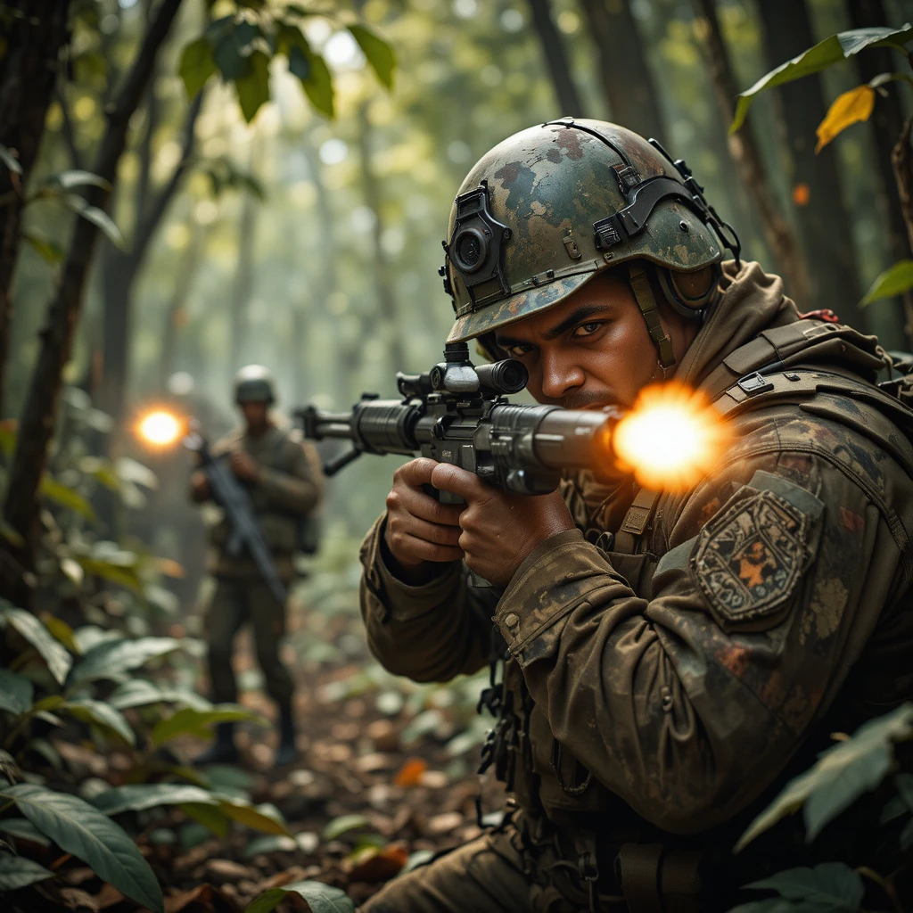 Oficial do exército paquistanês atirando com rifle em combate na selva densa