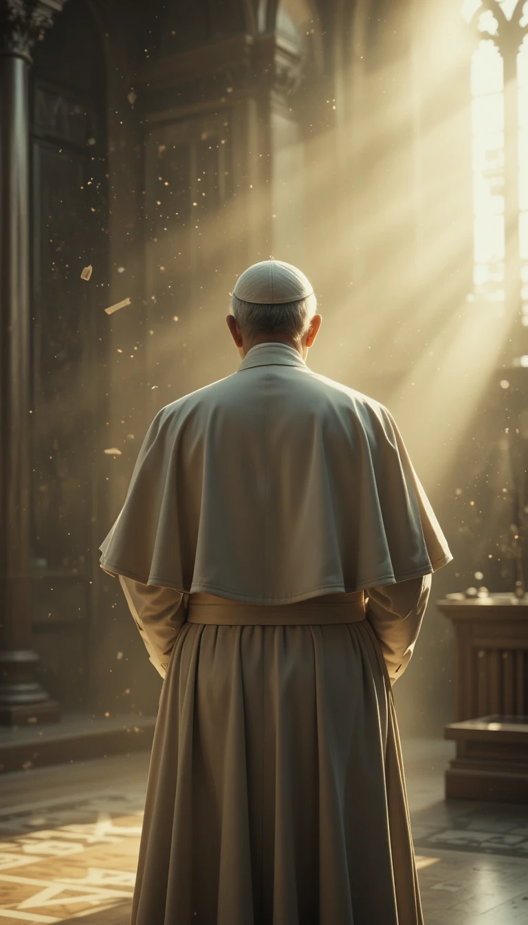 Papa idoso rezando em silêncio em uma capela suavemente iluminada