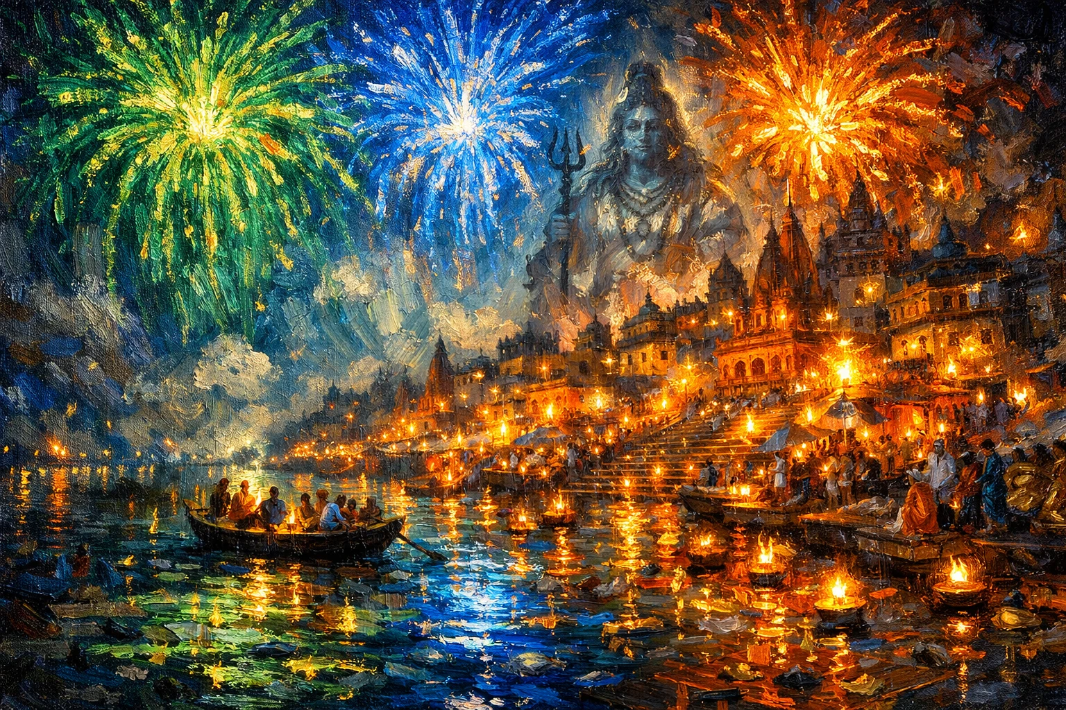 Feuerwerk über einer mystischen Ganges-Flusslandschaft bei Nacht