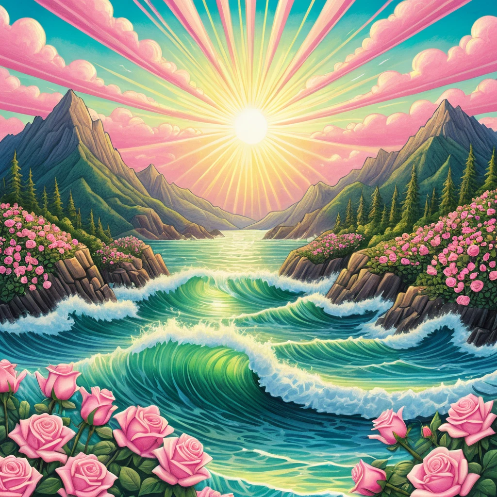 Ondas do oceano e raios de sol emoldurados por montanhas e rosas