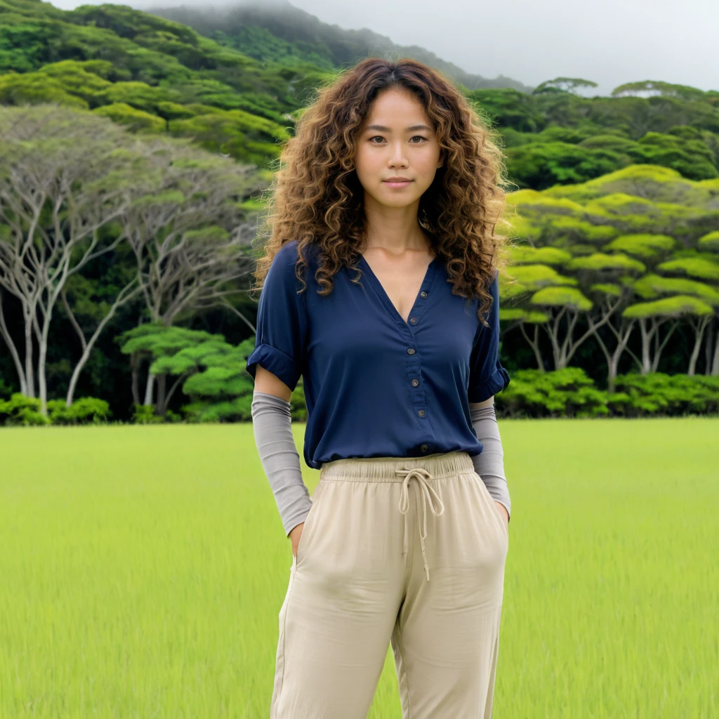 Bela mulher de Okinawa em um campo aberto nublado