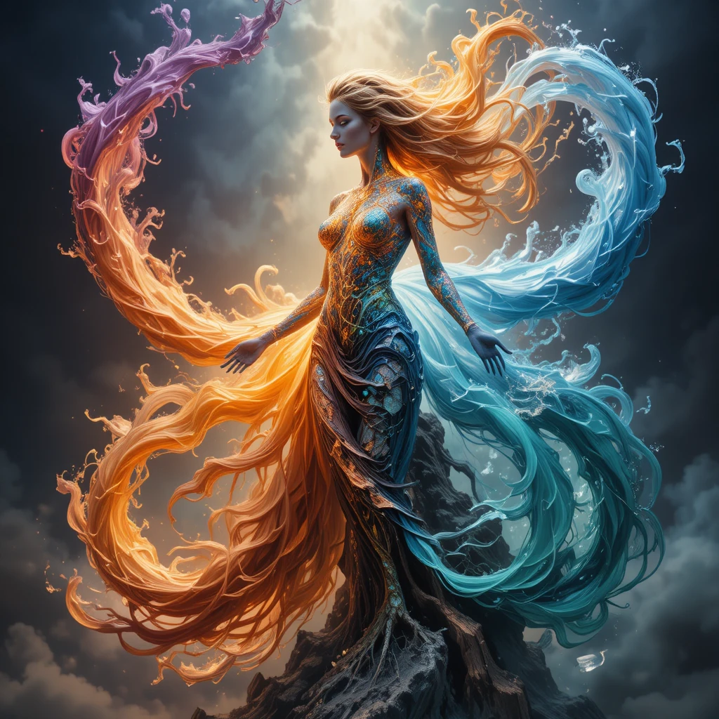 Surreal elemental woman emerging from swirling abstract forces