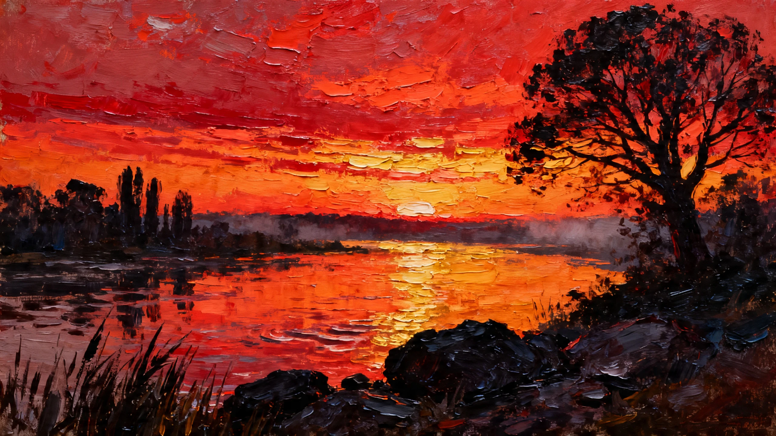 Paisagem de rio em impasto com céu de pôr do sol dramático