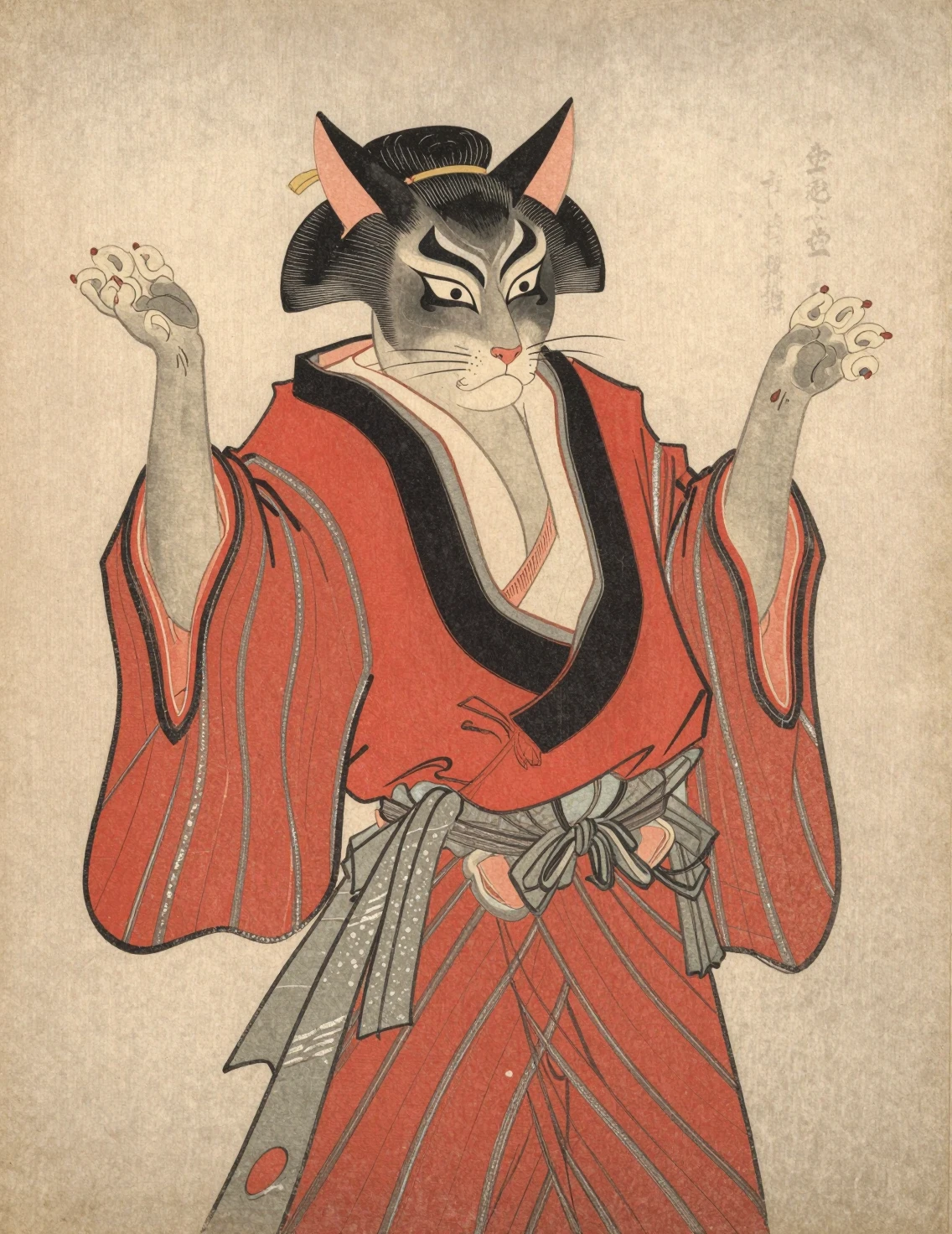Gato esfinge kabuki estilo ukiyo-e con kimono a rayas