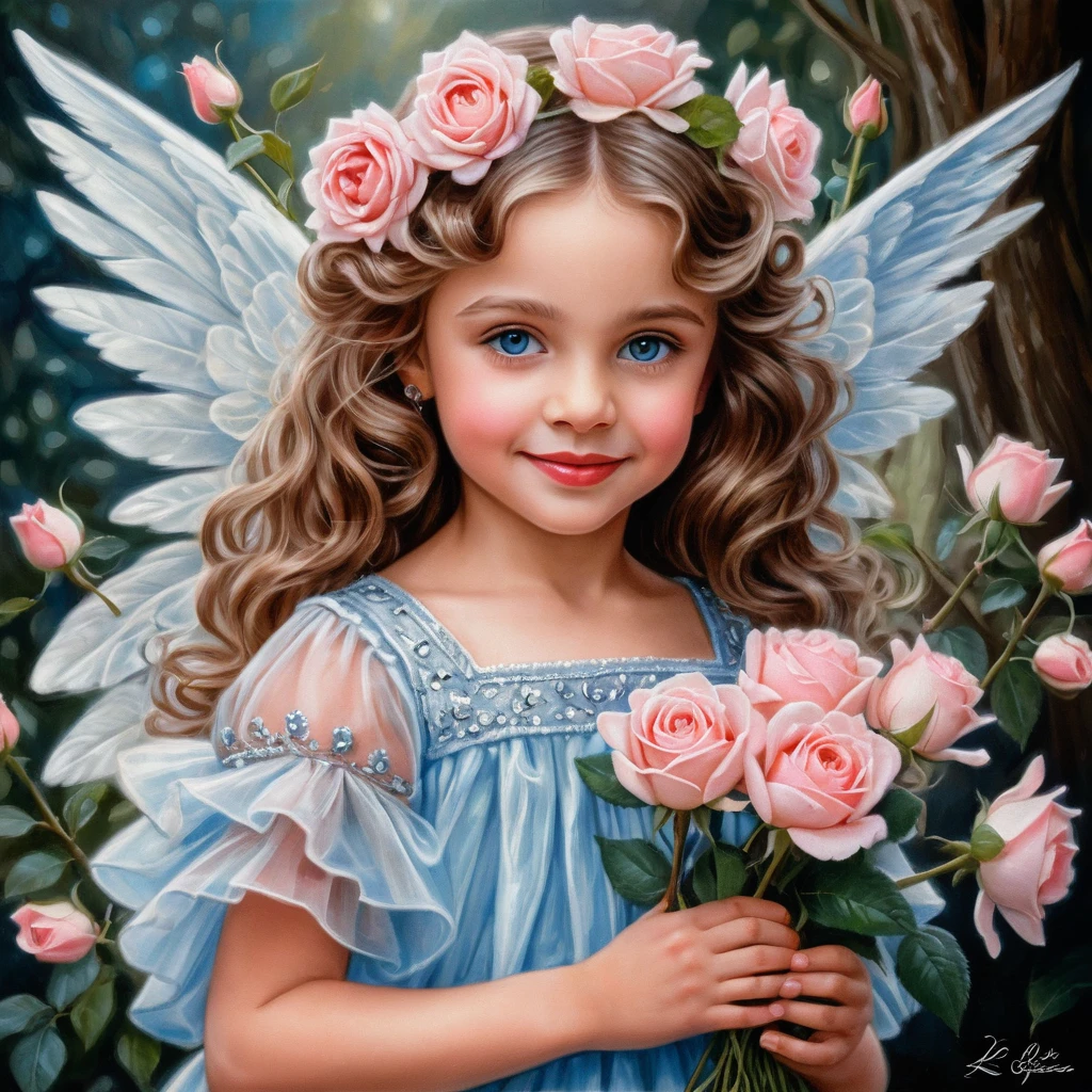Smiling spring angel girl holding pink rose bouquet
