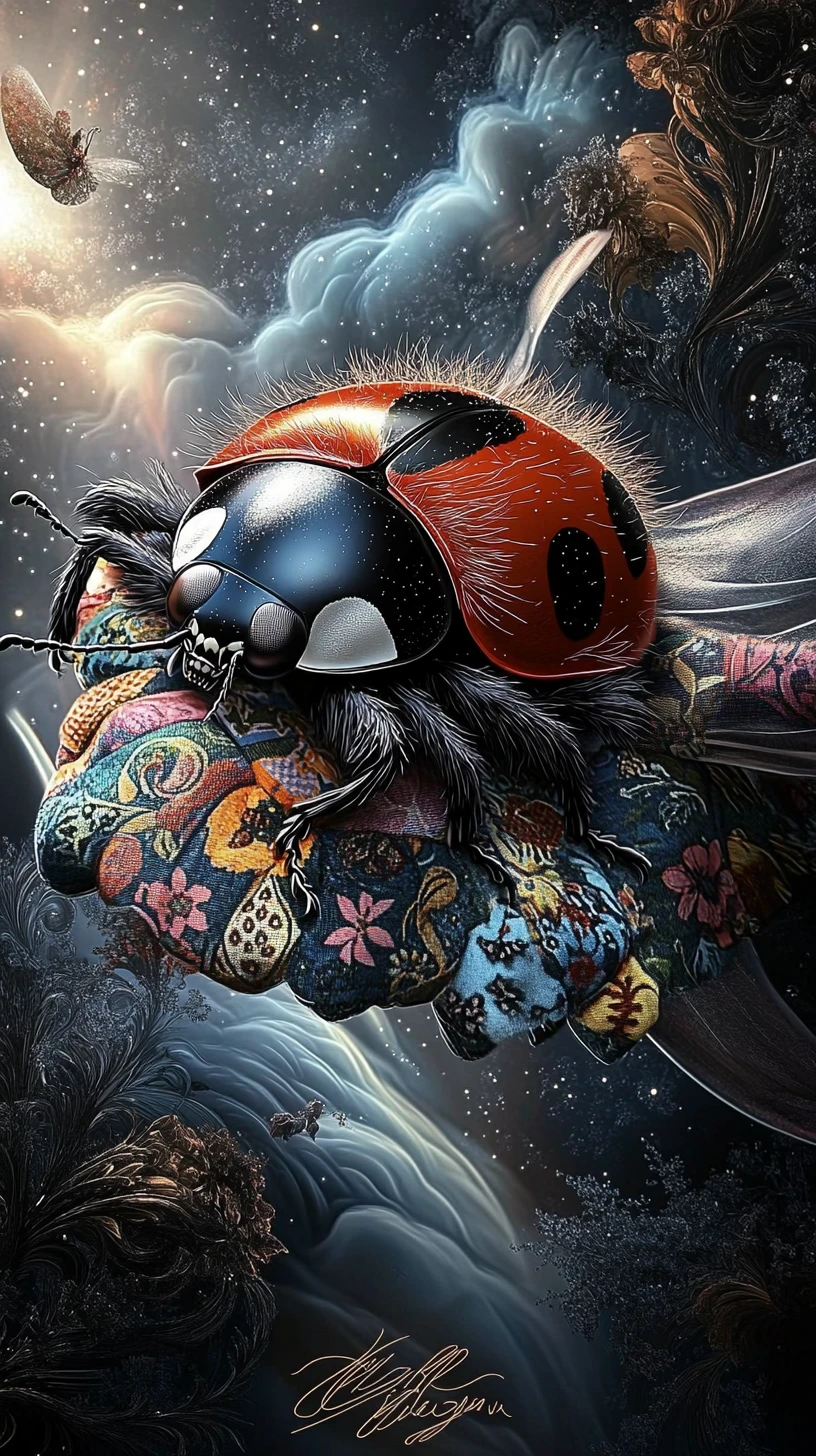 Coccinelle fantaisiste avec une veste patchwork colorée