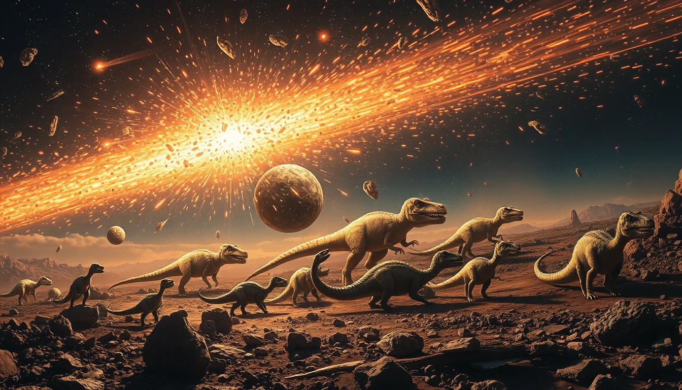 Lluvia de meteoros congelada que revela dinosaurios suspendidos en escombros cósmicos