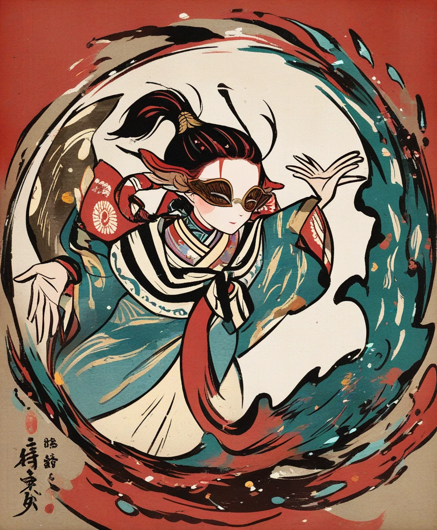 Gato sphynx dramático como ator de kabuki em gravura ukiyo-e