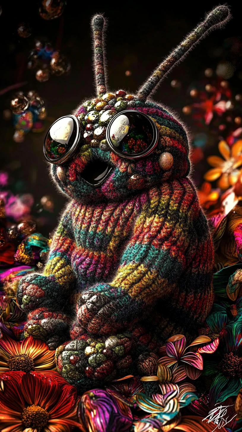 Bruco giocoso con maglione a righe in un giardino psichedelico