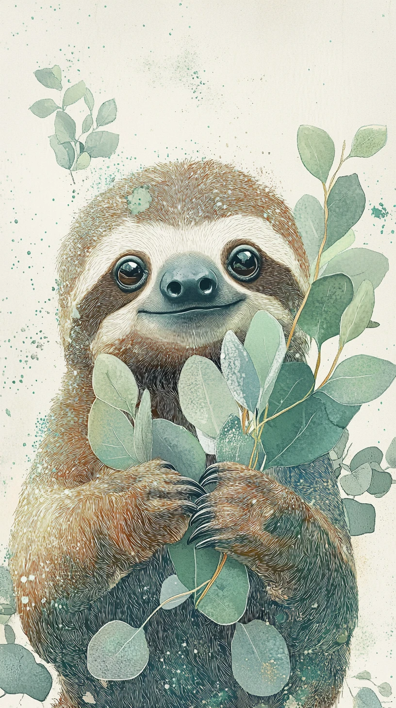 Bicho-preguiça gentil segurando folhas em ilustração suave de livro infantil
