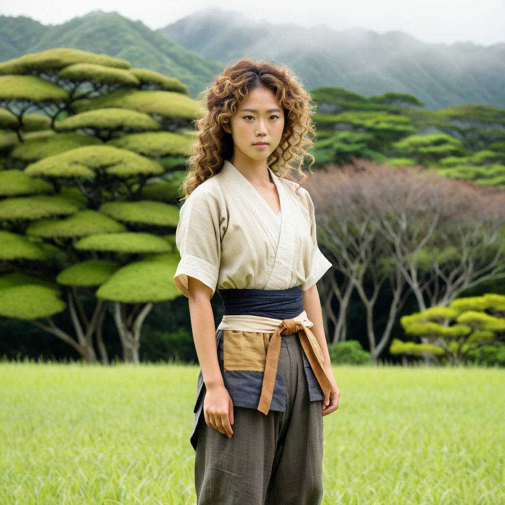 Mulher de Okinawa com calças largas em um campo nublado