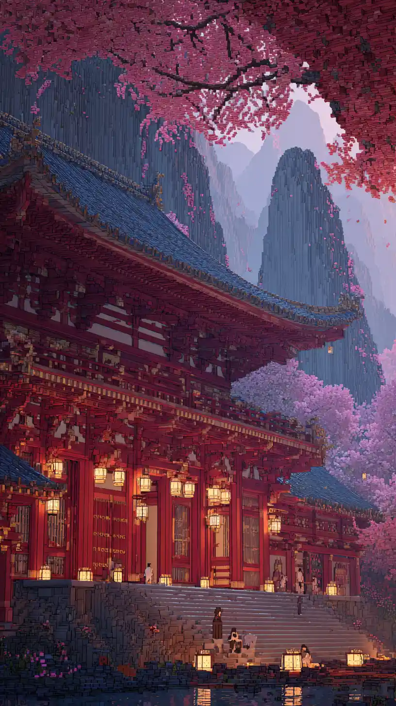 Enchanted Japanese Palace In Misty Cherry Blossom Valley