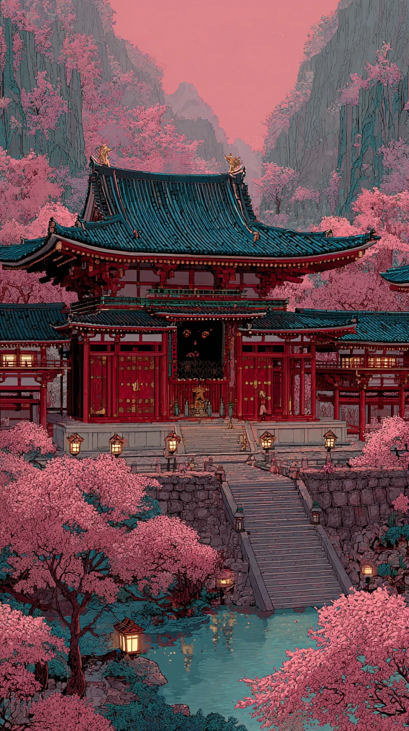 Majestic Japanese palace in a glowing fantasy valley