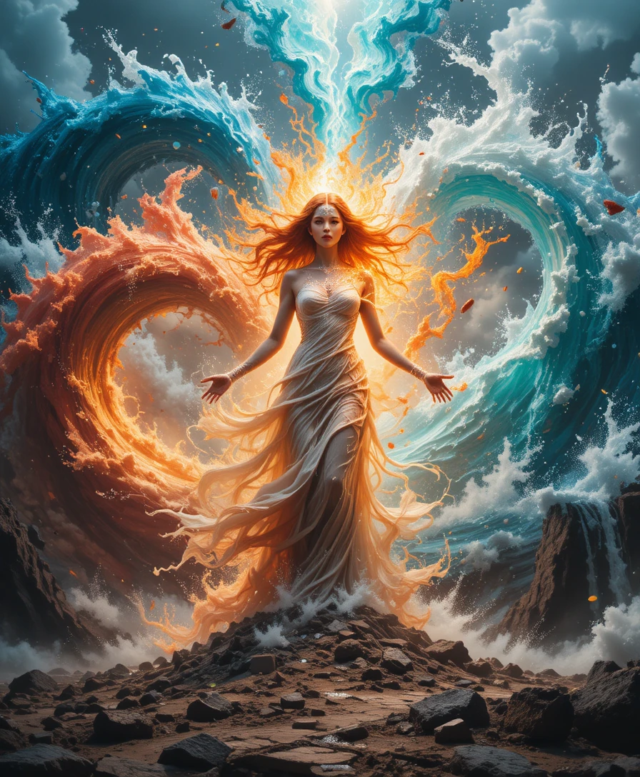 Elemental woman emerging from swirling fire water air and earth