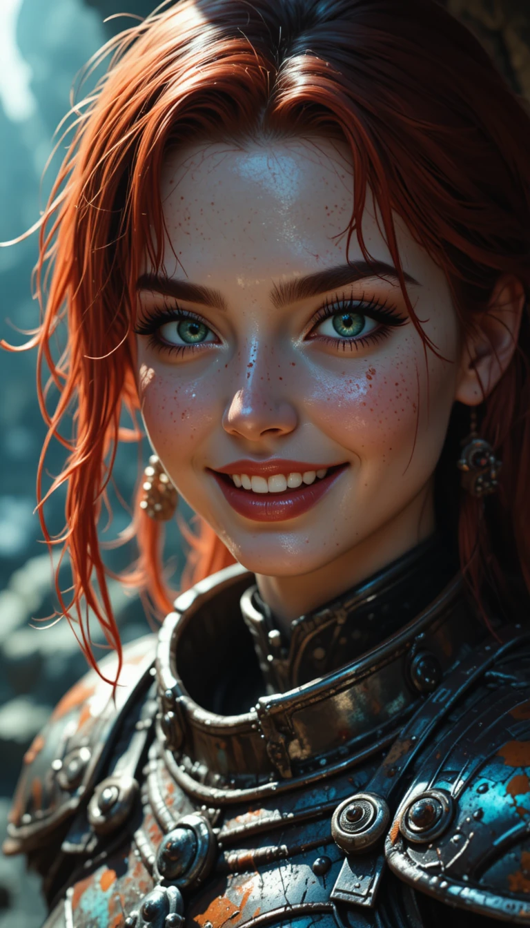 Battle hardened woman warrior in dripping armor close up