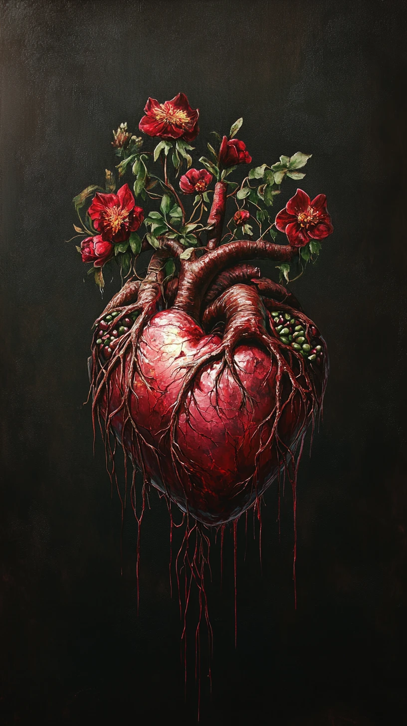 Surreal anatomical heart with blooming crimson flowers