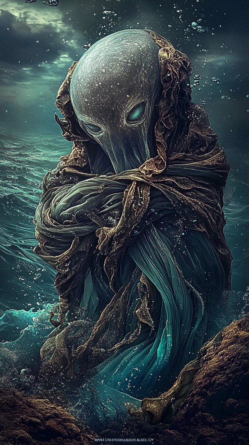 Criatura marinha mística emergindo de ondas do oceano em tom teal onírico