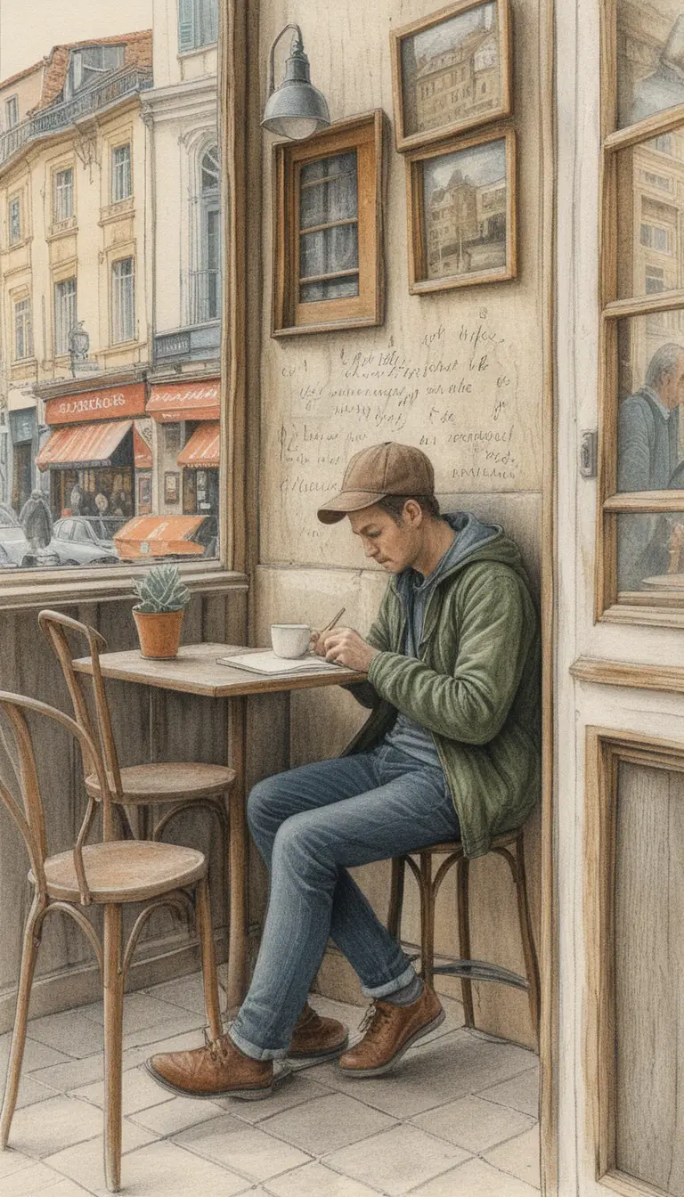 작은 카페 테이블에서 노트를 쓰는 사색적인 작가