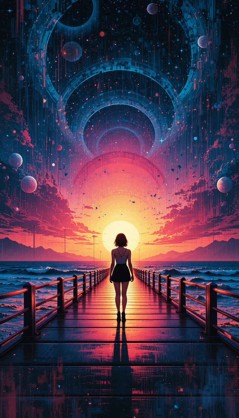Silhouette di ragazza glitch su molo riflettente al tramonto cosmico