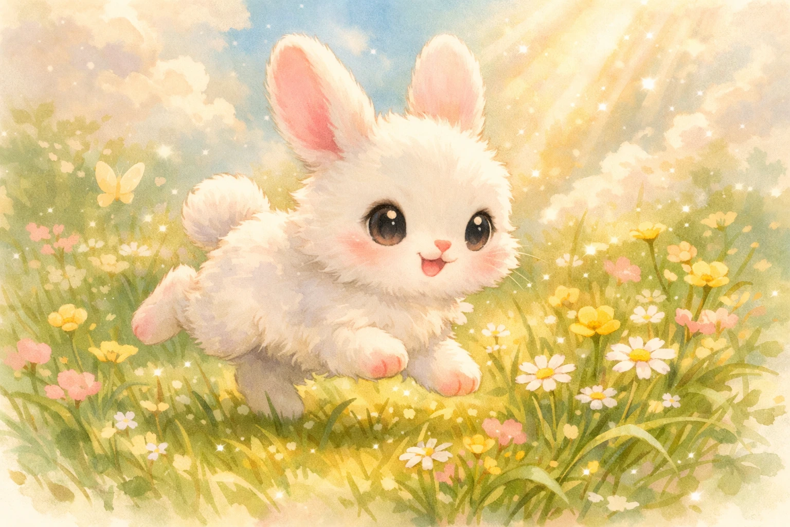 Adorável coelhinho brincando em um prado ensolarado com flores